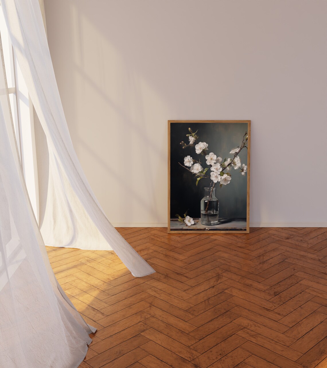 White Cherry Blossom Branch in Glass Vase Moody Still Life Poster - Image 3