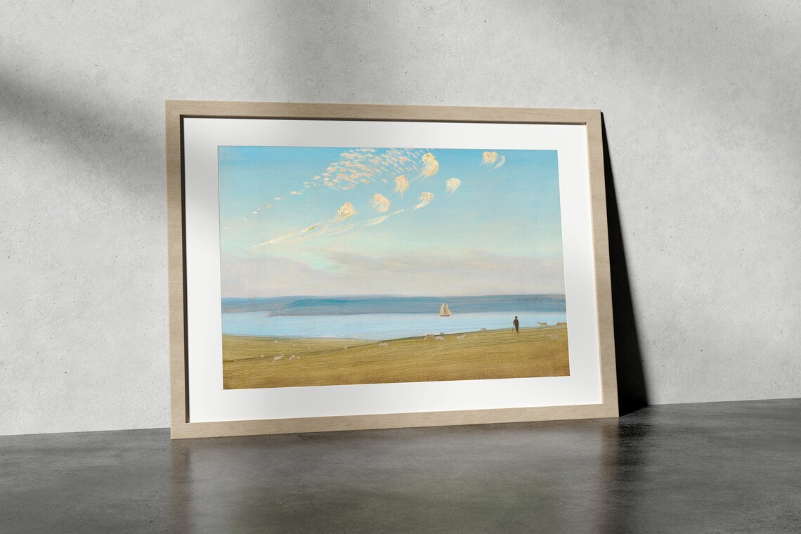 Sheep Pasture Sloping To Blue Lake Sailboat Pastoral Painting Poster - Image 4