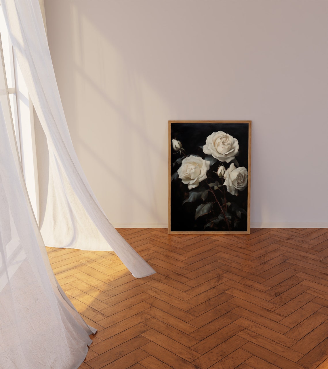 White Roses on Black Background Classic Painterly Floral Poster - Image 3