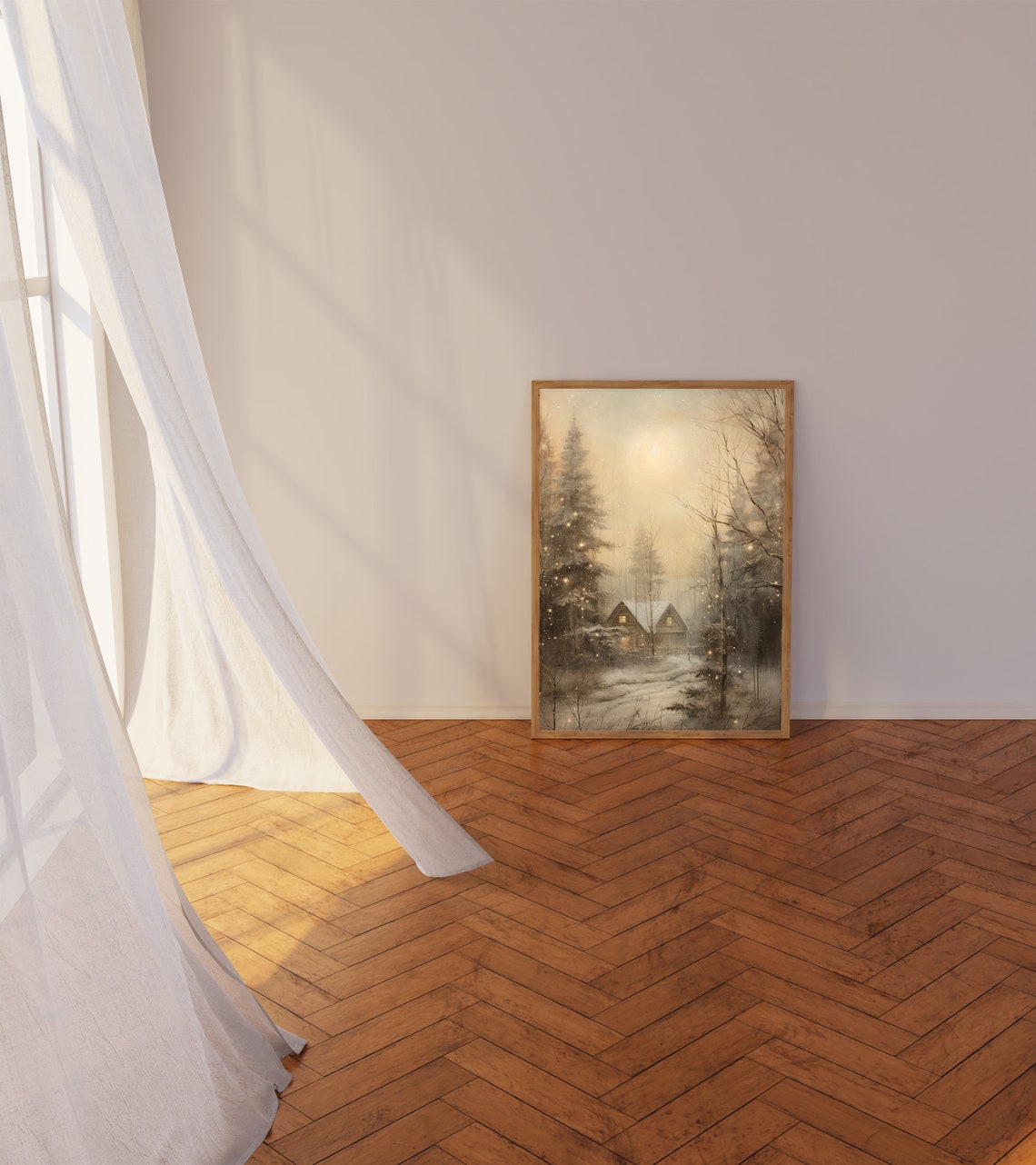 Snowy Forest Cabin with Glowing Windows under Winter Moon Poster - Image 3