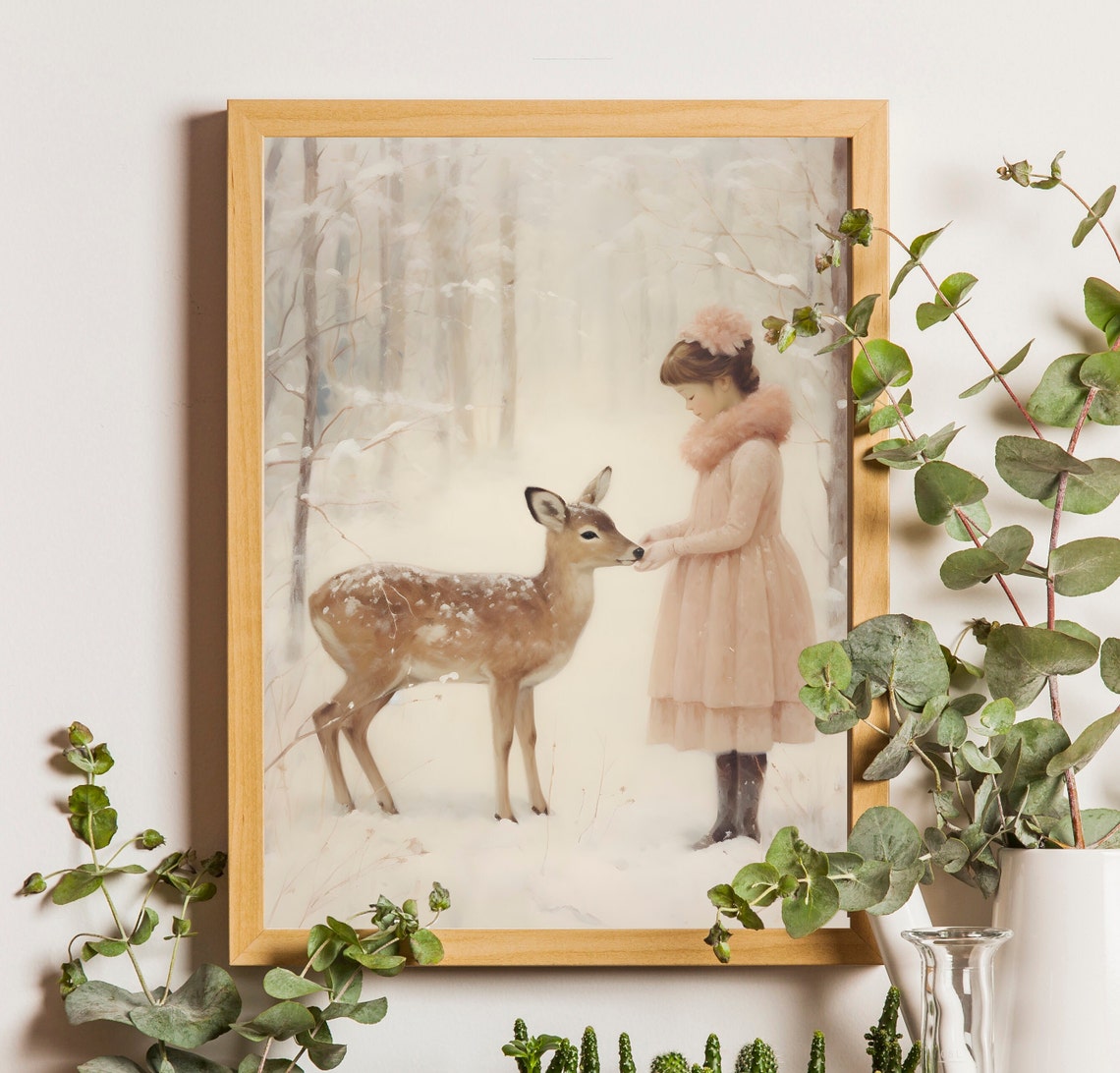 Winter Baby Deer With Girl Illustration Christmas Nursery Wall Art Deer Painting Christmas Nursery Room Decor Woodland Animal Art