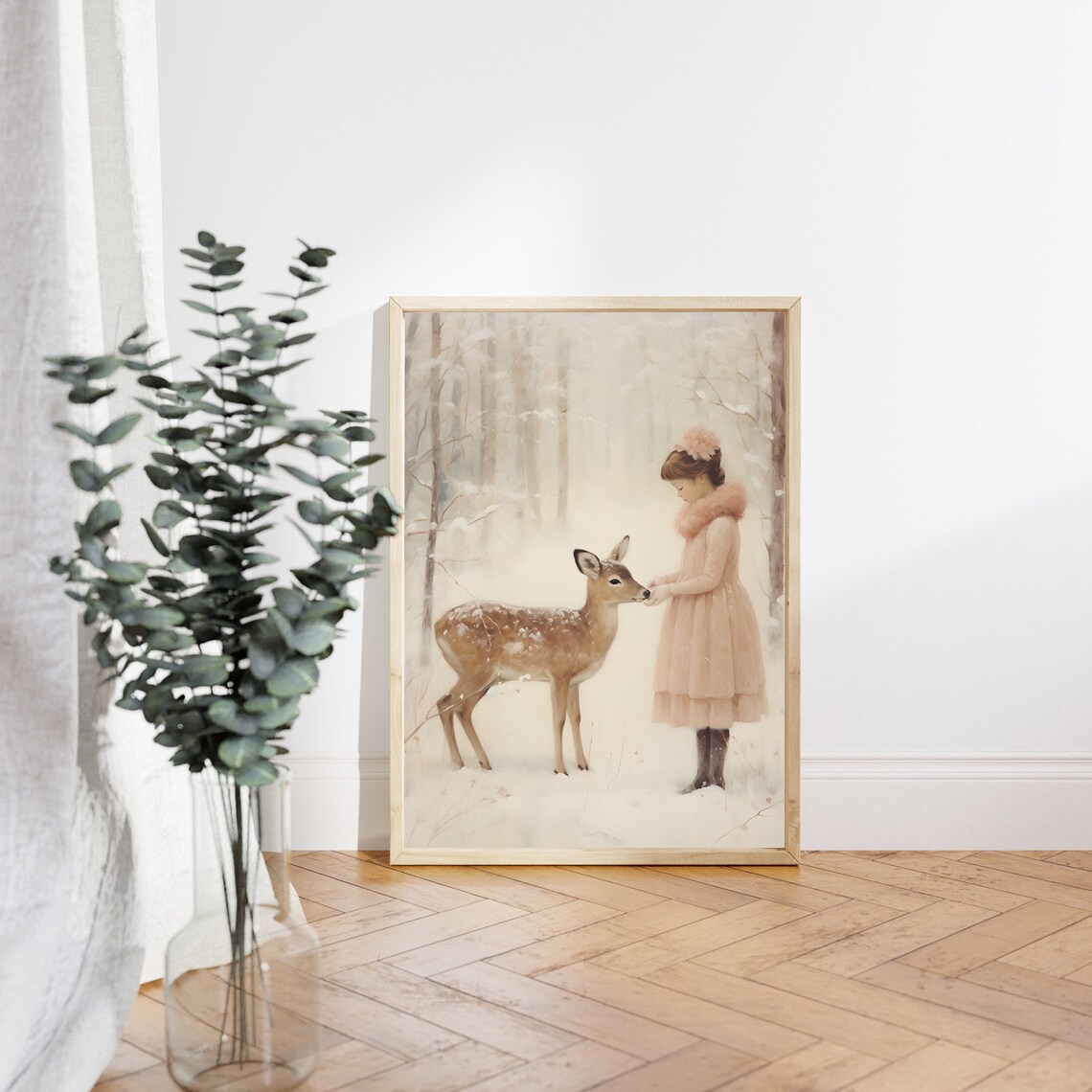Little Girl With Baby Deer In The Snowy Winter Forest Poster - Image 3