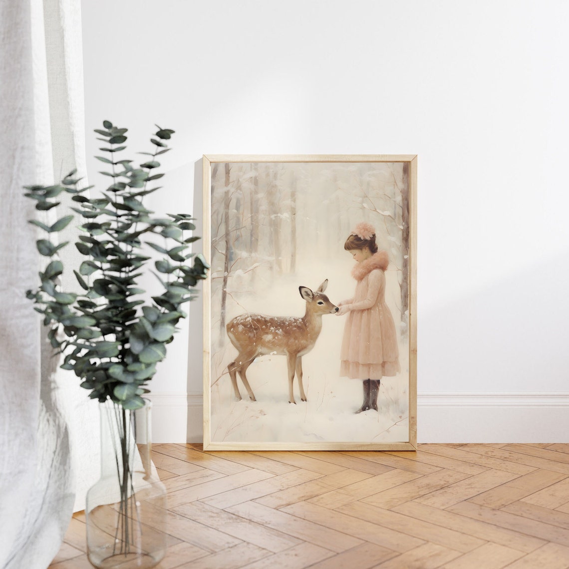 Winter Baby Deer With Girl Illustration Christmas Nursery Wall Art Deer Painting Christmas Nursery Room Decor Woodland Animal Art - Image 3