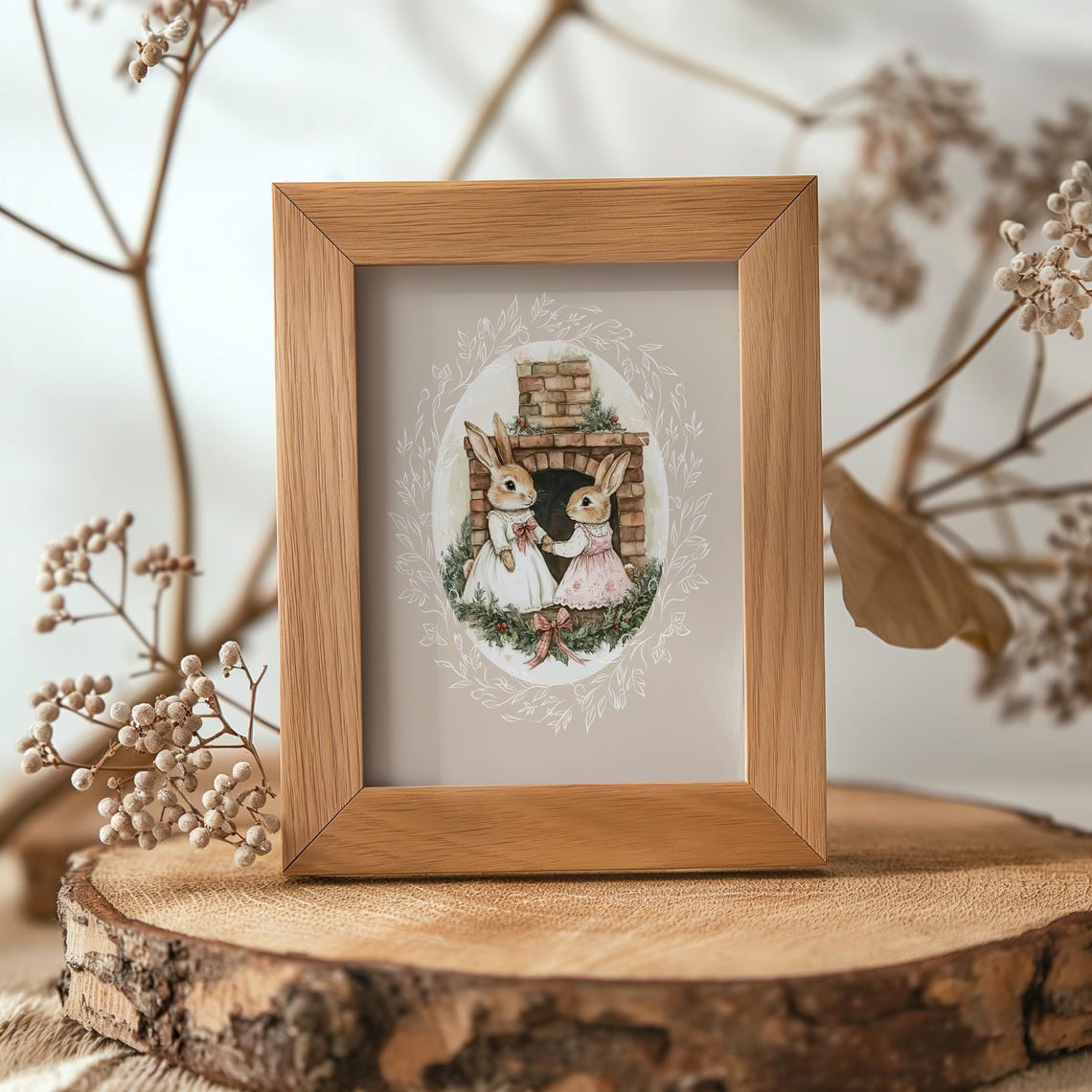 Two Bunny Sisters by a Brick Fireplace with Christmas Garland Poster - Image 6