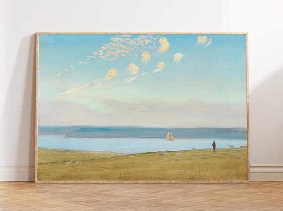 Sheep Pasture Sloping To Blue Lake Sailboat Pastoral Painting Poster