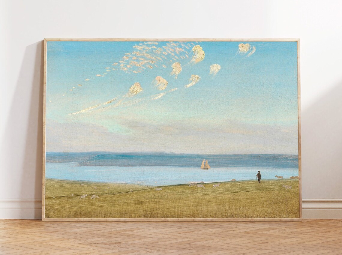 Sheep Pasture Sloping To Blue Lake Sailboat Pastoral Painting Poster
