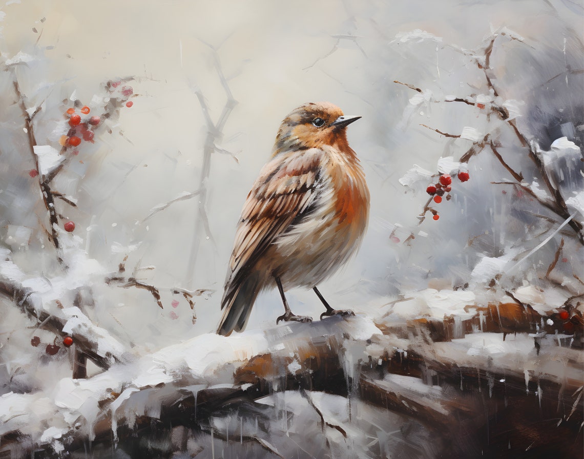 Winter Bird on a Snowy Branch with Red Berries Rustic Wall Art - Image 6