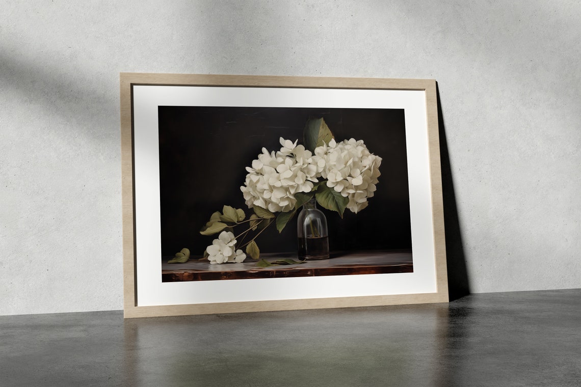 White Hydrangeas in Glass Bottle Dark Background Botanical Poster - Image 3