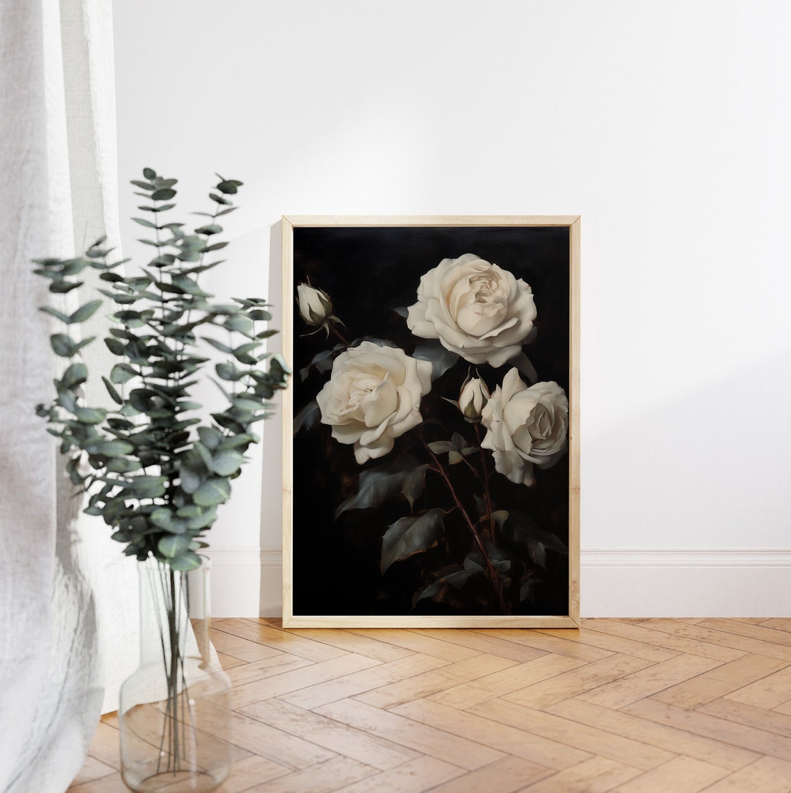 White Roses on Black Background Classic Painterly Floral Poster - Image 4