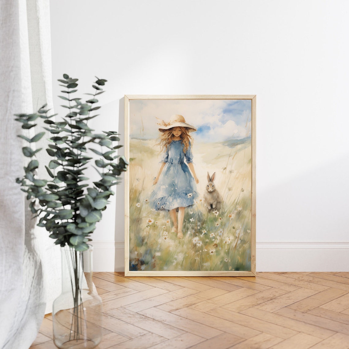 Girl in a Meadow with a Grey Bunny Summer Watercolor Wall Art - Image 4
