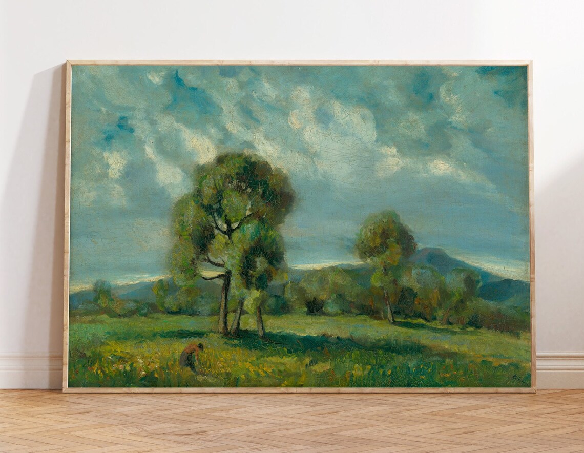 Vintage Country Landscape Painting Green Meadow Tree Rustic Art Poster