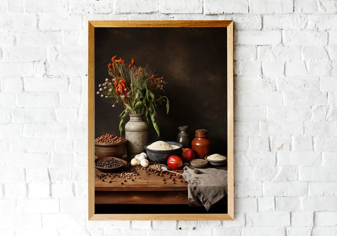 Kitchen Spices Still Life Painting Dark Rustic Herbs Pantry Art Poster - Image 2
