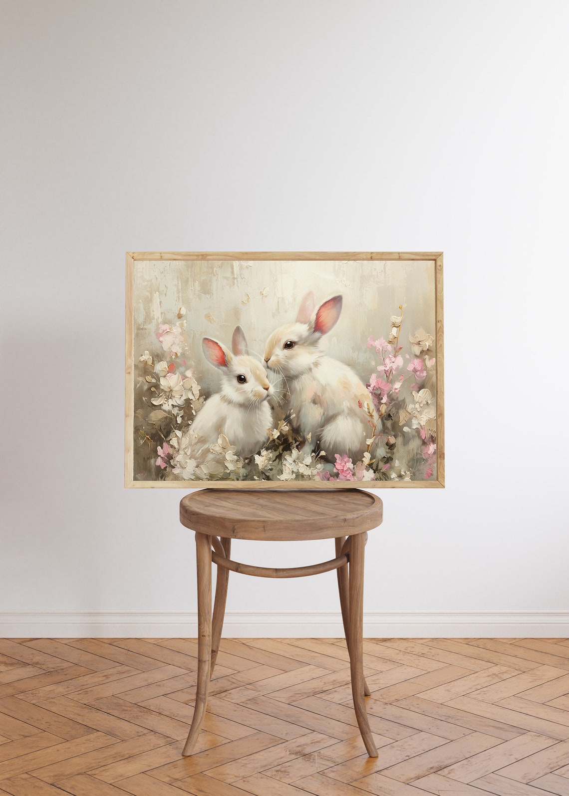 Two White Bunnies Among Pink Blossoms Spring Nursery Wall Art - Image 5