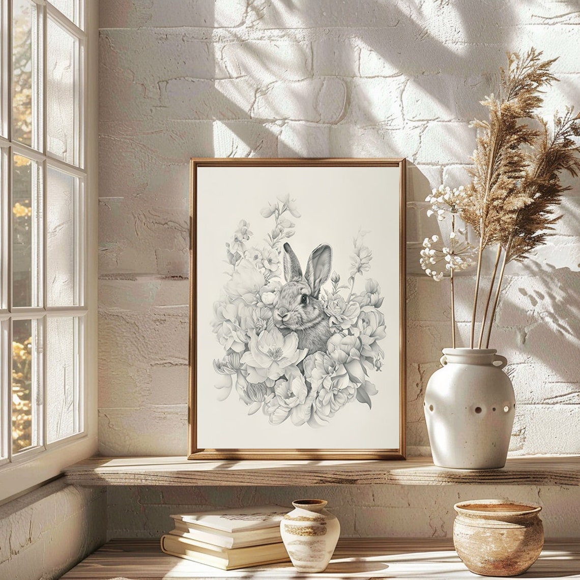 Bunny in a Circle of Gray Blooms Sketch Style Nursery Wall Art - Image 3