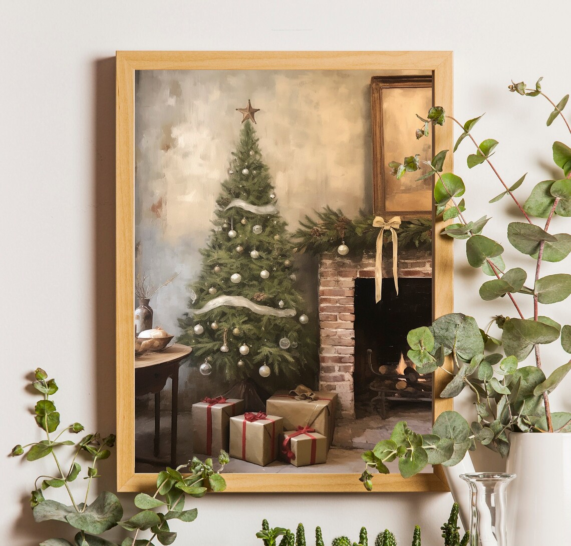 Vintage Christmas Tree with Star Topper Beside Brick Fireplace Poster