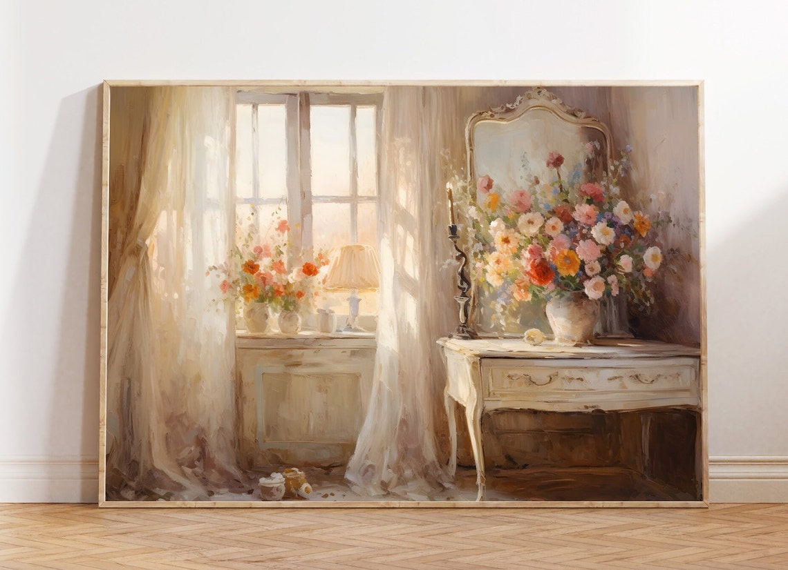 Sunlit French Vanity Room with Flower Bouquets Impressionist Poster