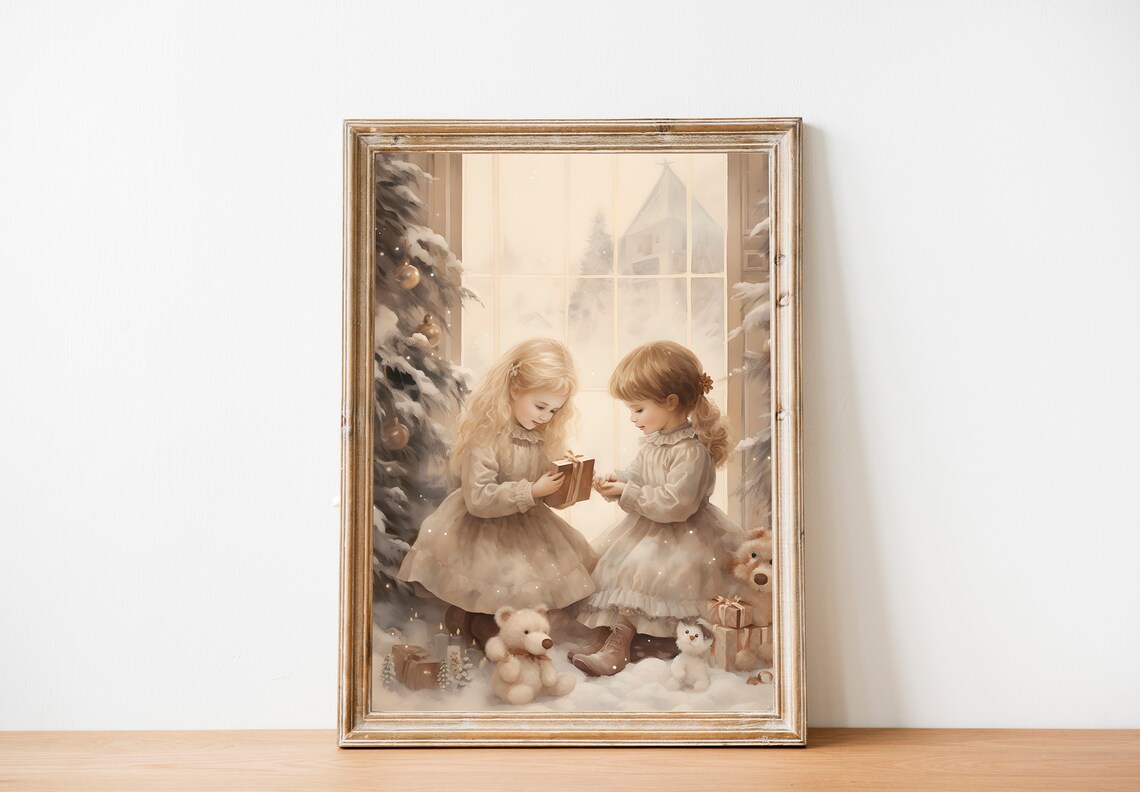 Christmas Little Girls Vintage Christmas Art Print - Image 2