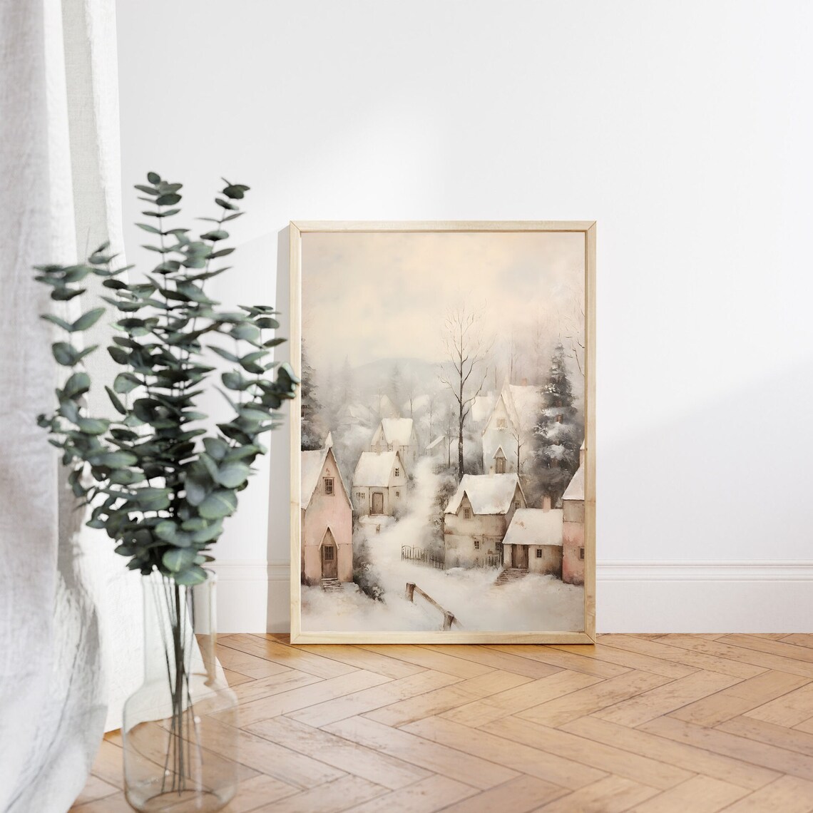 Pastel Snowy Village Cottages Vintage Winter Landscape Poster - Image 4