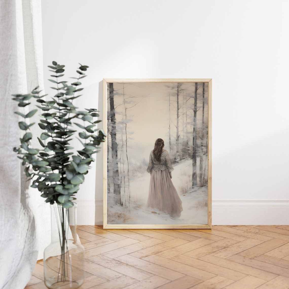 Woman Walking Through The Misty Snowy Winter Forest Art Poster - Image 3