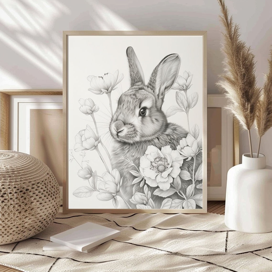 Pencil Sketch Rabbit with Flowers Neutral Monochrome Nursery Wall Art - Image 3