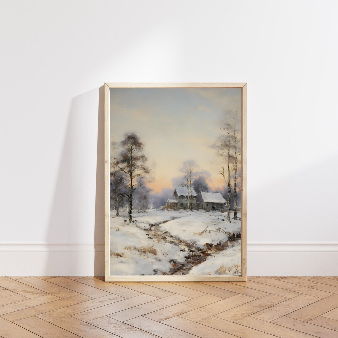 Snowy Farmhouse with Birch Trees Under Pink Winter Sunset Poster - Image 4
