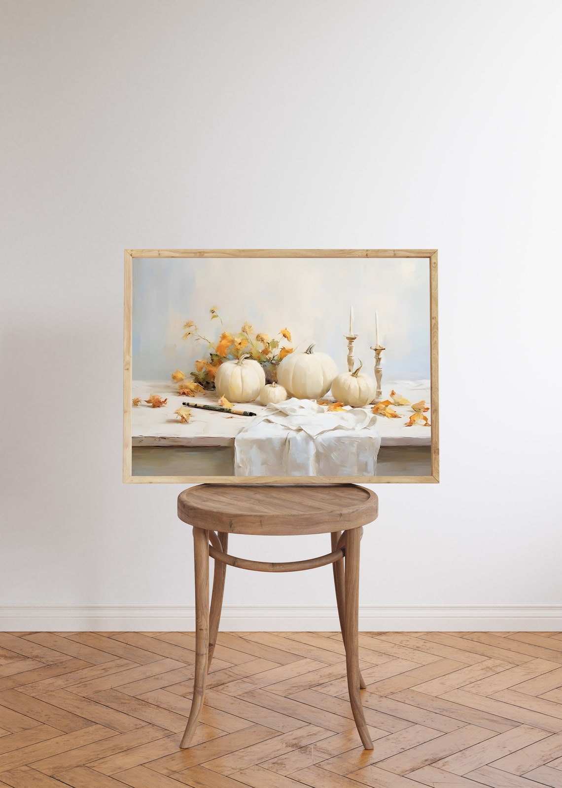 White Pumpkins with Candlesticks Neutral Fall Table Wall Art - Image 5