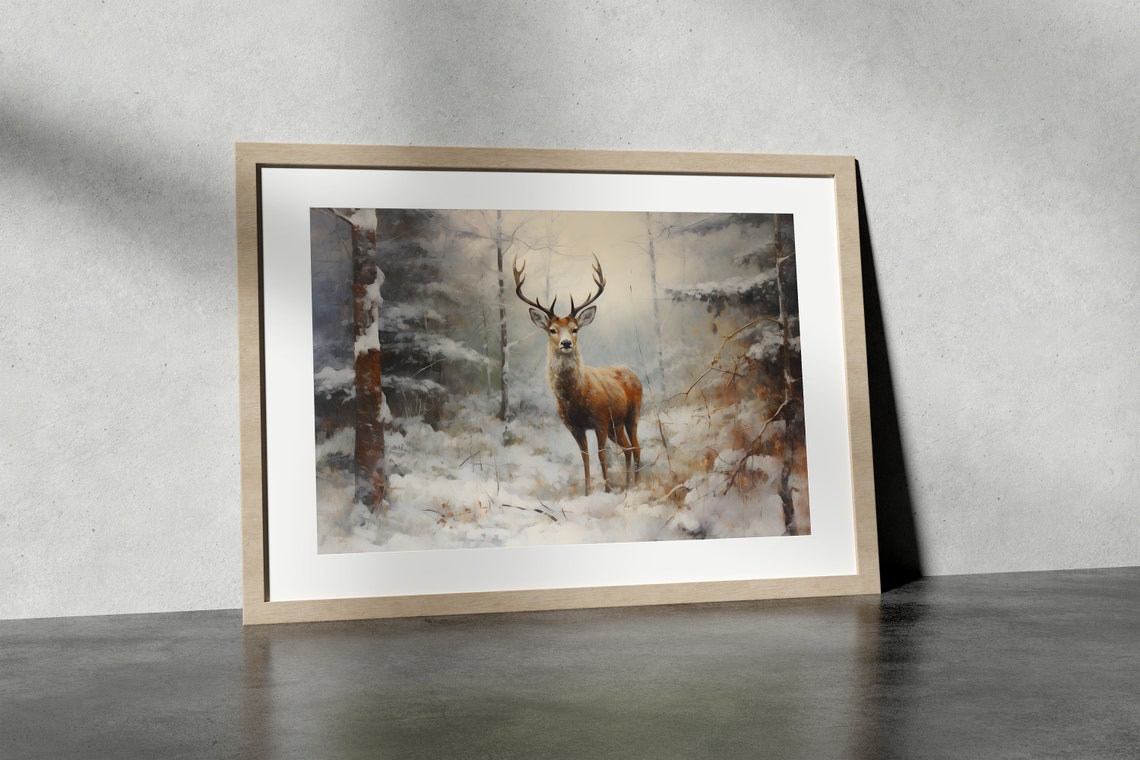 Stag in Snowy Pine Forest Gazing at Viewer Winter Wildlife Poster - Image 3