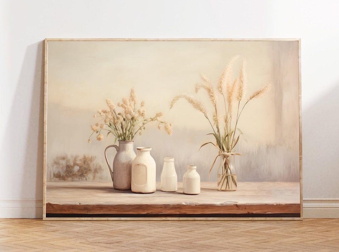 White Ceramic Pitchers with Dried Grass Neutral Kitchen Wall Art