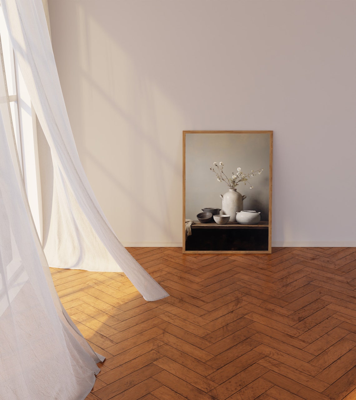 Minimalist Ceramic Vessels with White Blossoms Neutral Wall Art - Image 3