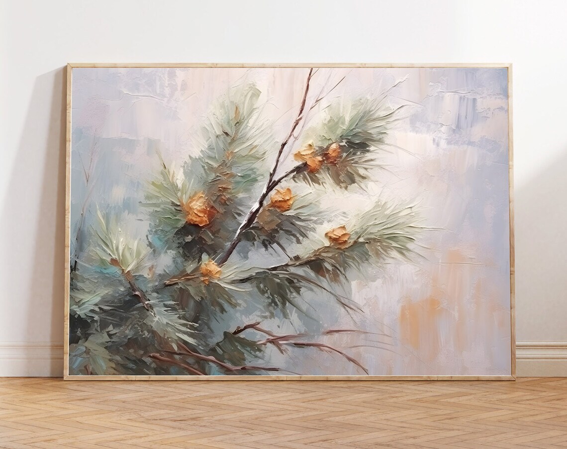Winter Pine Branch Painting Snowy Rustic Holiday Botanical Art Poster