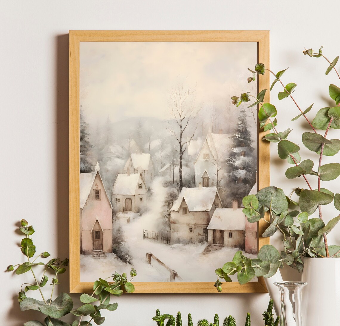 Pastel Snowy Village Cottages Vintage Winter Landscape Poster