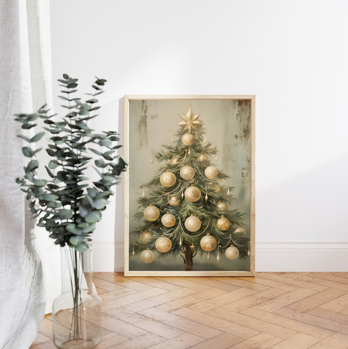 Vintage Christmas Tree with Cream Gold Ornaments Star Topper Poster - Image 4
