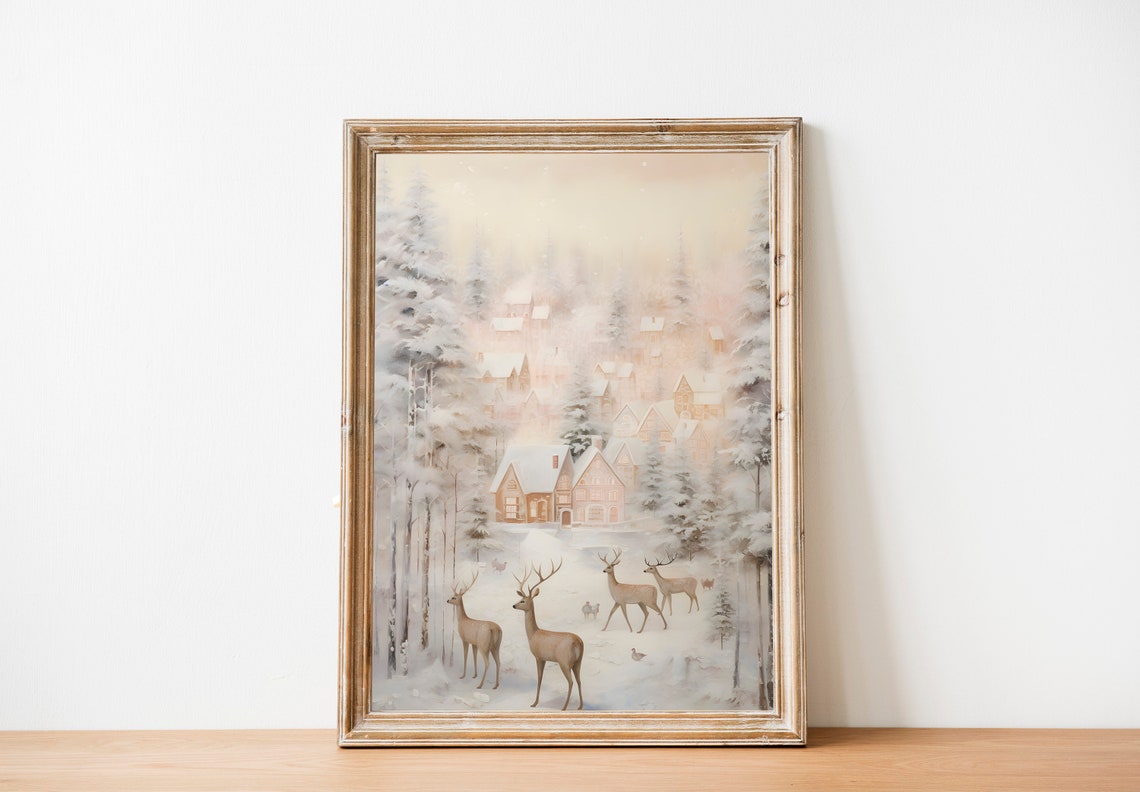 Snowy Village With Deer Rustic Christmas Winter Scene Poster - Image 2
