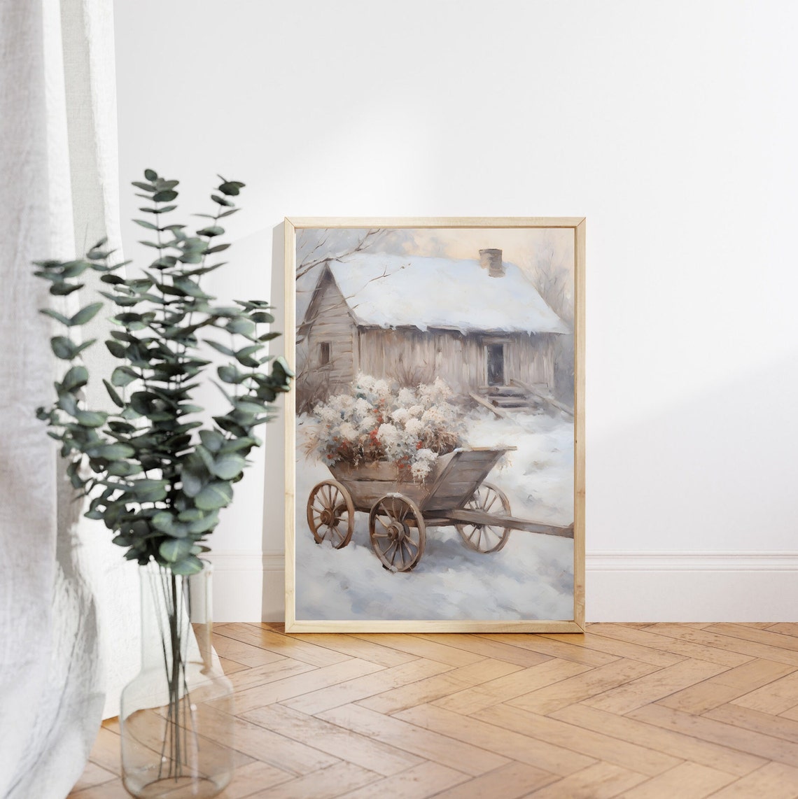 Rustic Snowy Cabin with Winter Wagon Scene Soft Watercolor Poster - Image 4