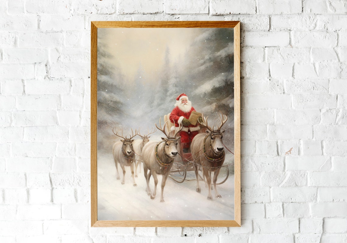 Santa Claus Reading Letter in Reindeer Sleigh Snowy Forest Poster - Image 2