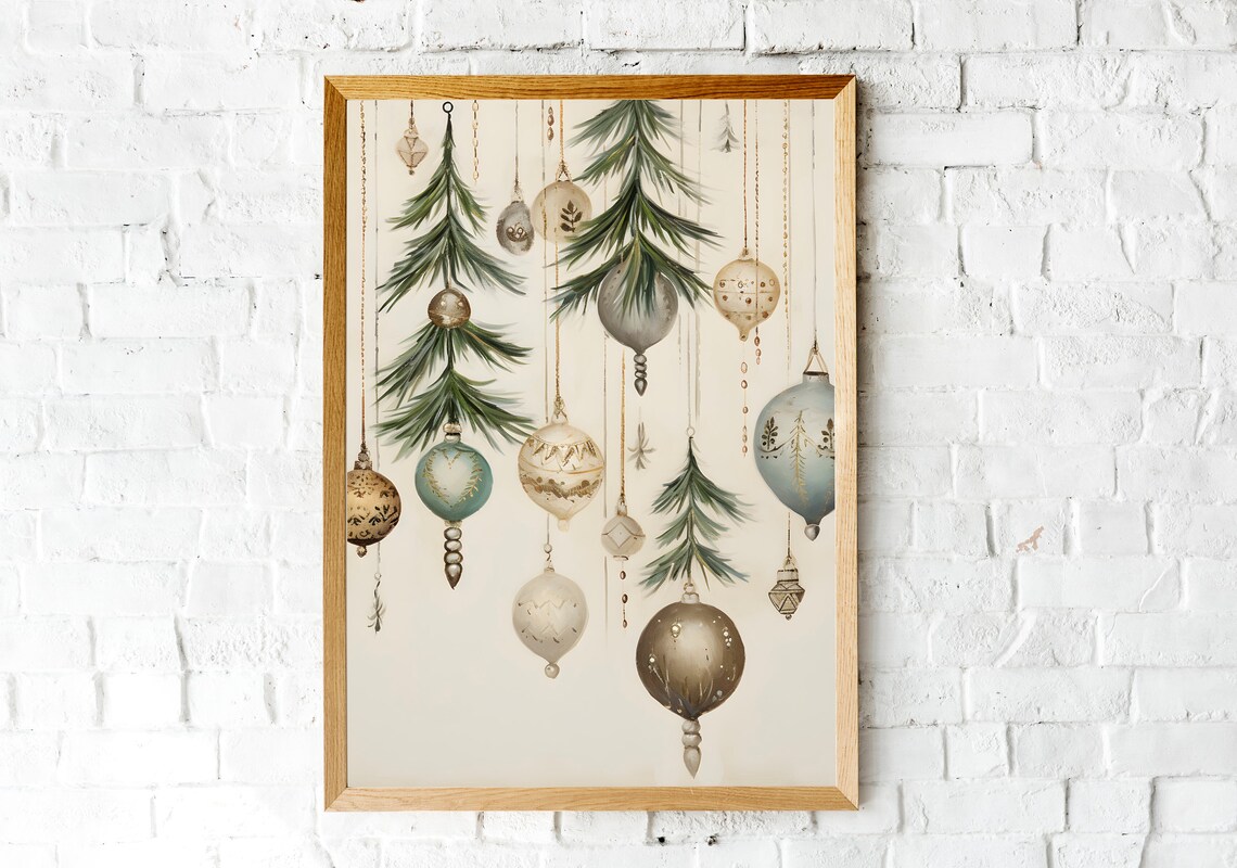 Hanging Vintage Christmas Ornaments with Pine Sprigs Cream Poster - Image 3