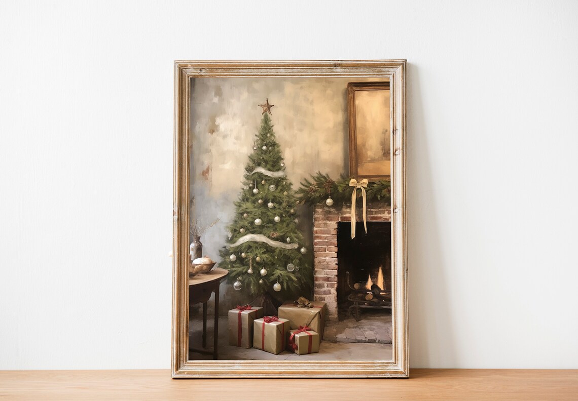 Vintage Christmas Tree with Star Topper Beside Brick Fireplace Poster - Image 2