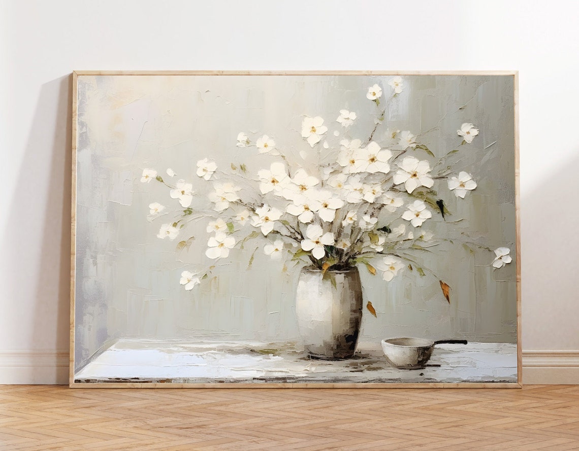 White Flowers Still Life Painting Neutral Vase Botanical Art Poster