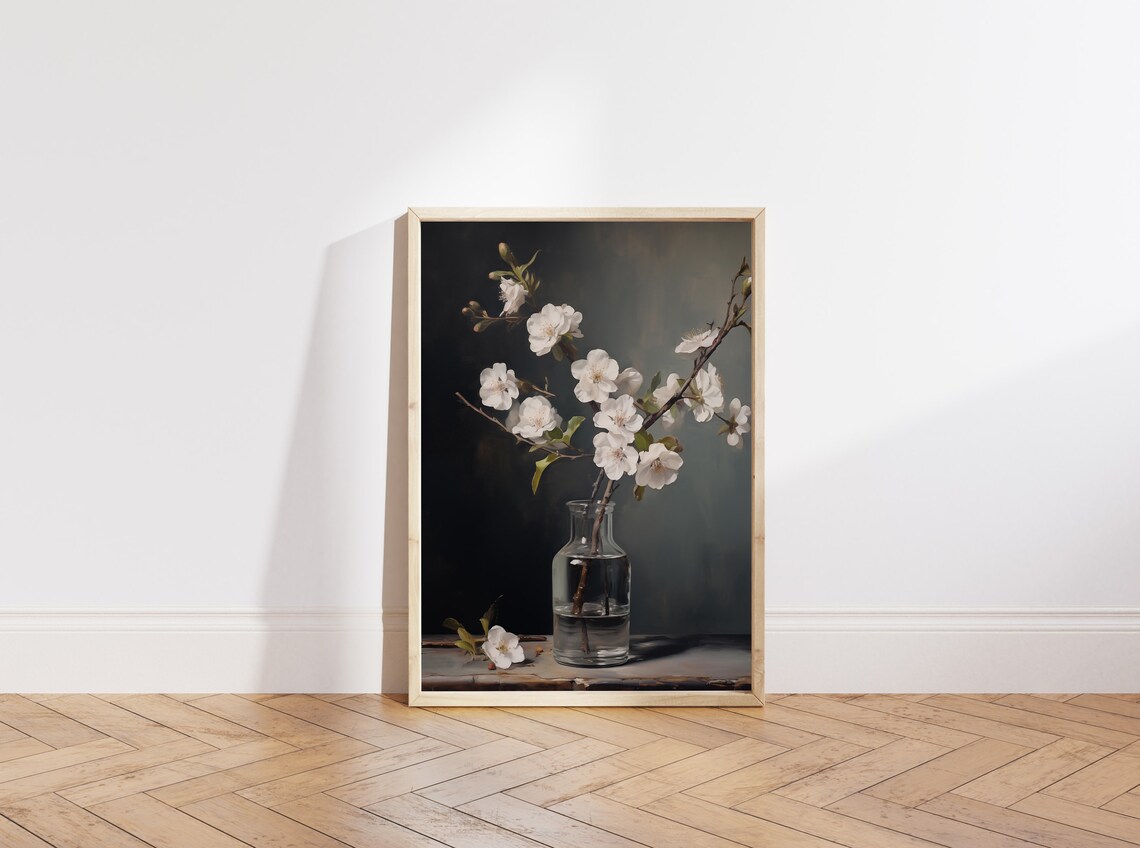 White Cherry Blossom Branch in Glass Vase Moody Still Life Poster - Image 5