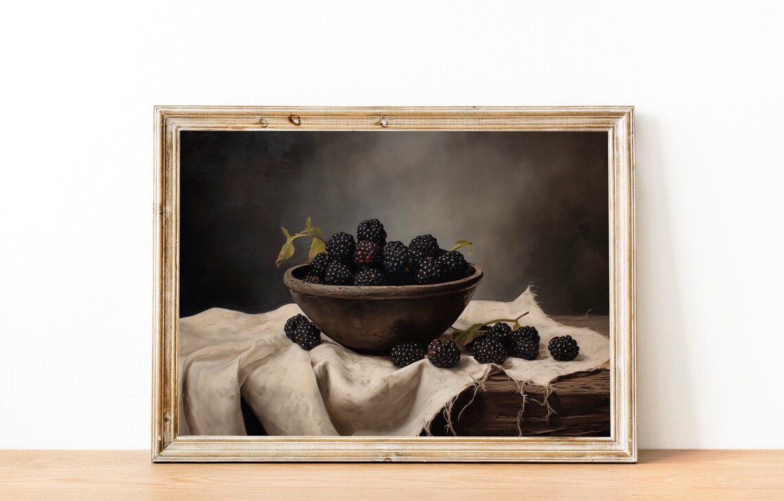 Blackberry Moody Still Life, Rustic Kitchen Art Print - Image 2