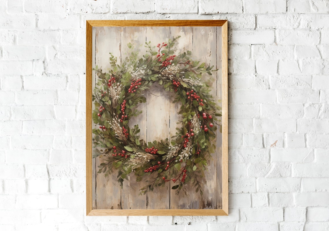 Evergreen Wreath with Red Berries on Whitewashed Wood Poster - Image 2