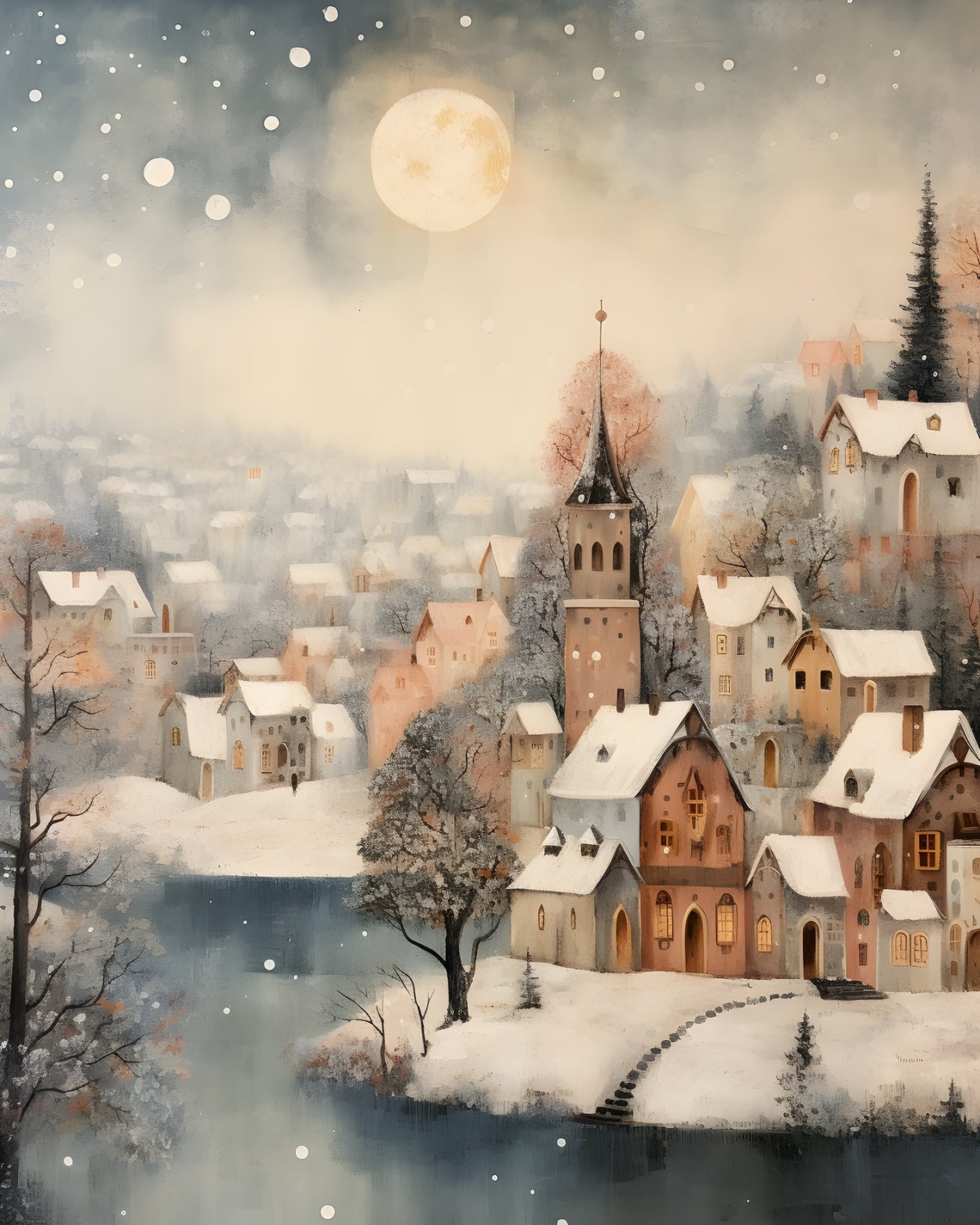 Snowy Christmas Wall Art Town Christmas Village Art Print Cozy Winter Night Landscape Painting Holiday Decor Vintage Moody Nursery Wall Art - Image 5
