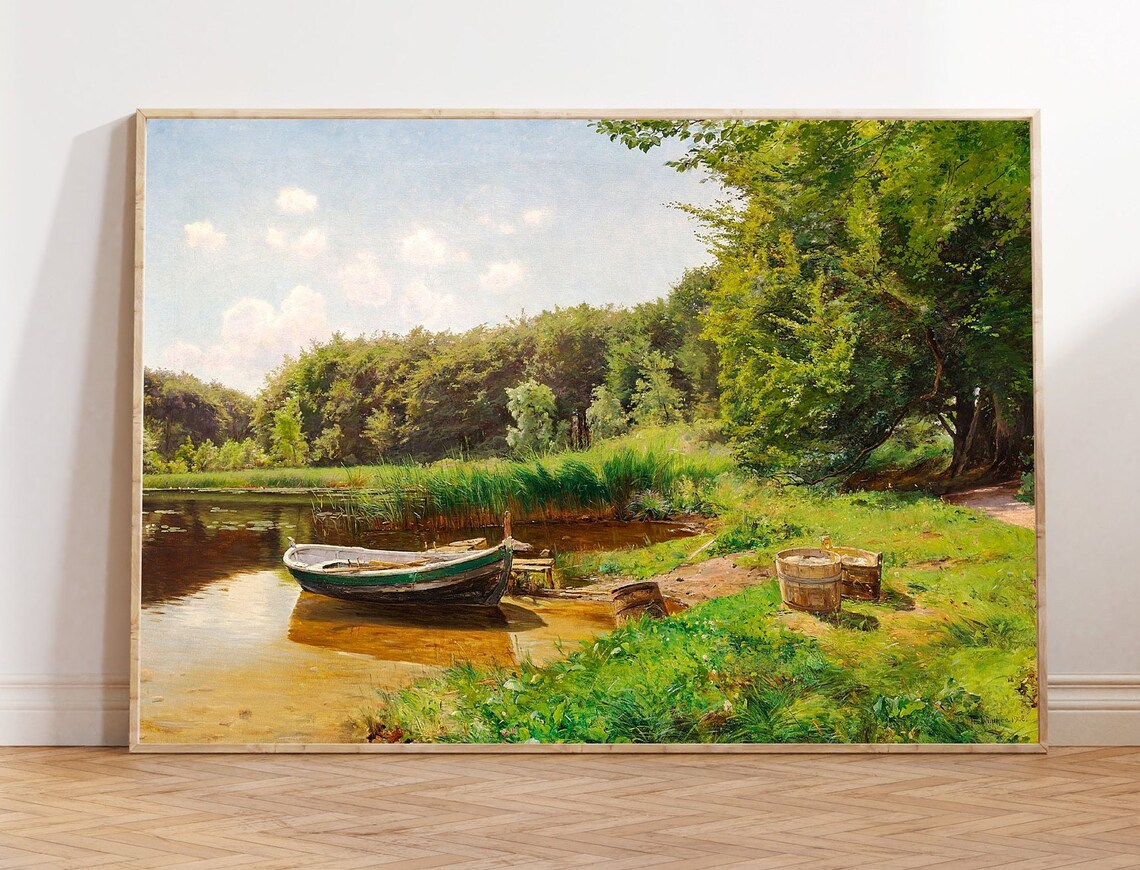 Summer Lake Painting Lake Landscape Painting Vintage Art Antique Decor Instant Vintage Landscape Lake House Decor