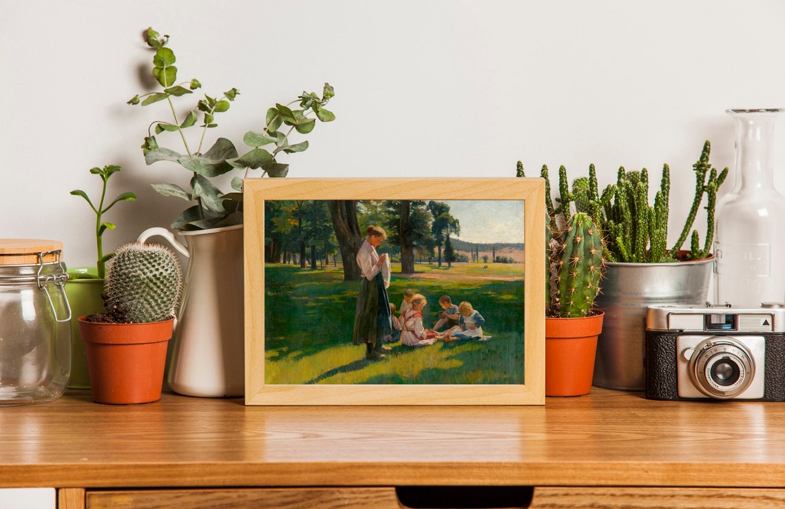 Vintage Country Painting With Children Farmhouse Wall Art Vintage Meadow Painting Cottage Landscape Nursery Decor Art - Image 2