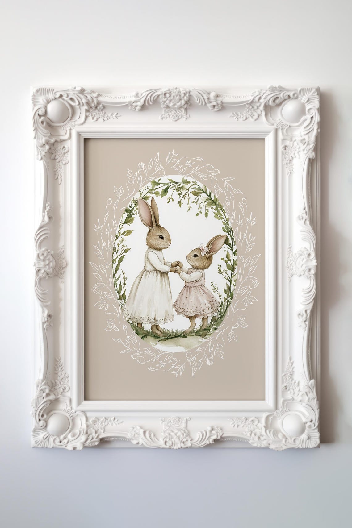 Two Bunny Sisters Holding Hands Under a Leafy Garden Arch Poster