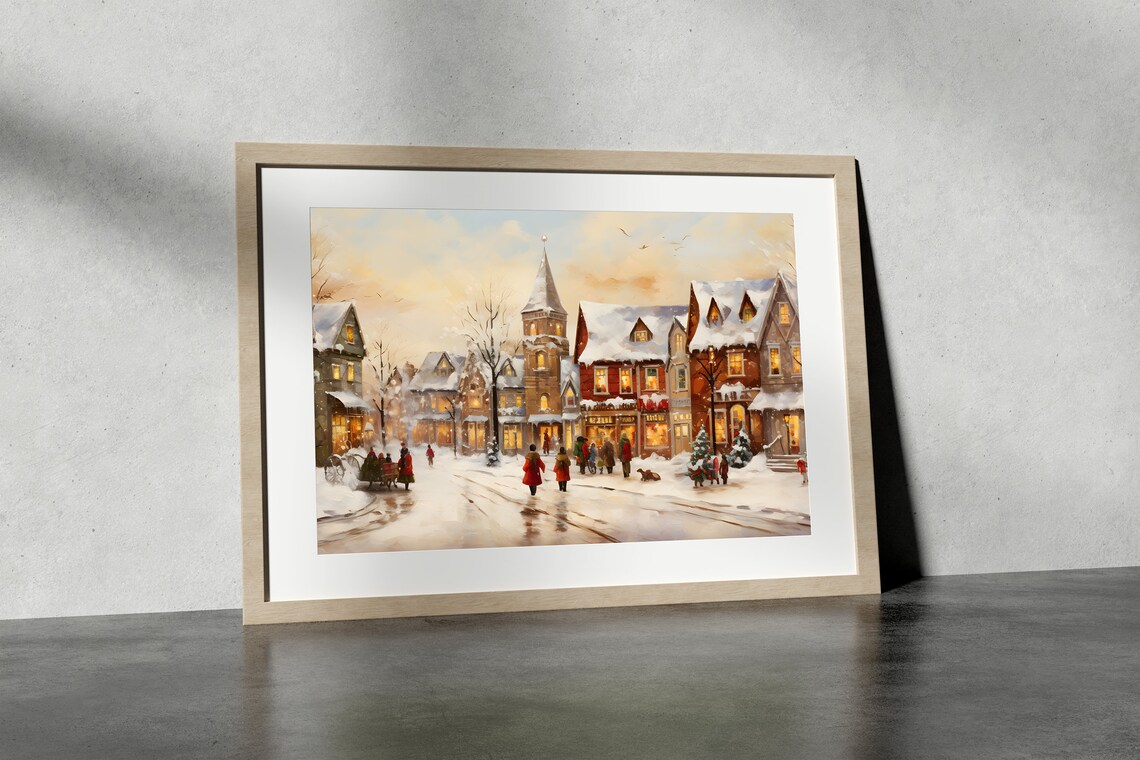 Snowy Village Street at Dusk with Church Steeple Winter Town Poster - Image 3