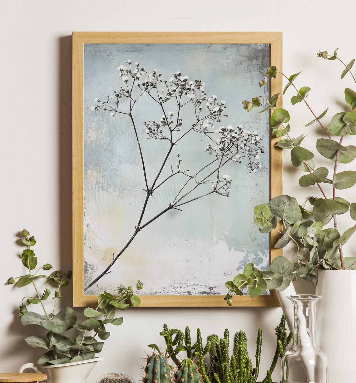 White Babys Breath Sprig Distressed Blue Minimalist Art Poster - Image 6