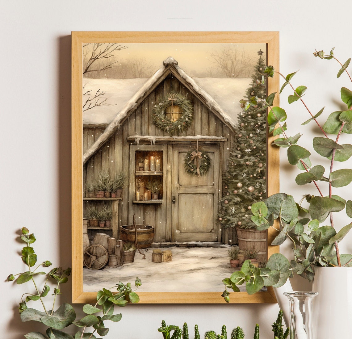 Rustic Christmas Shed with Wreaths Candles and Decorated Tree Poster