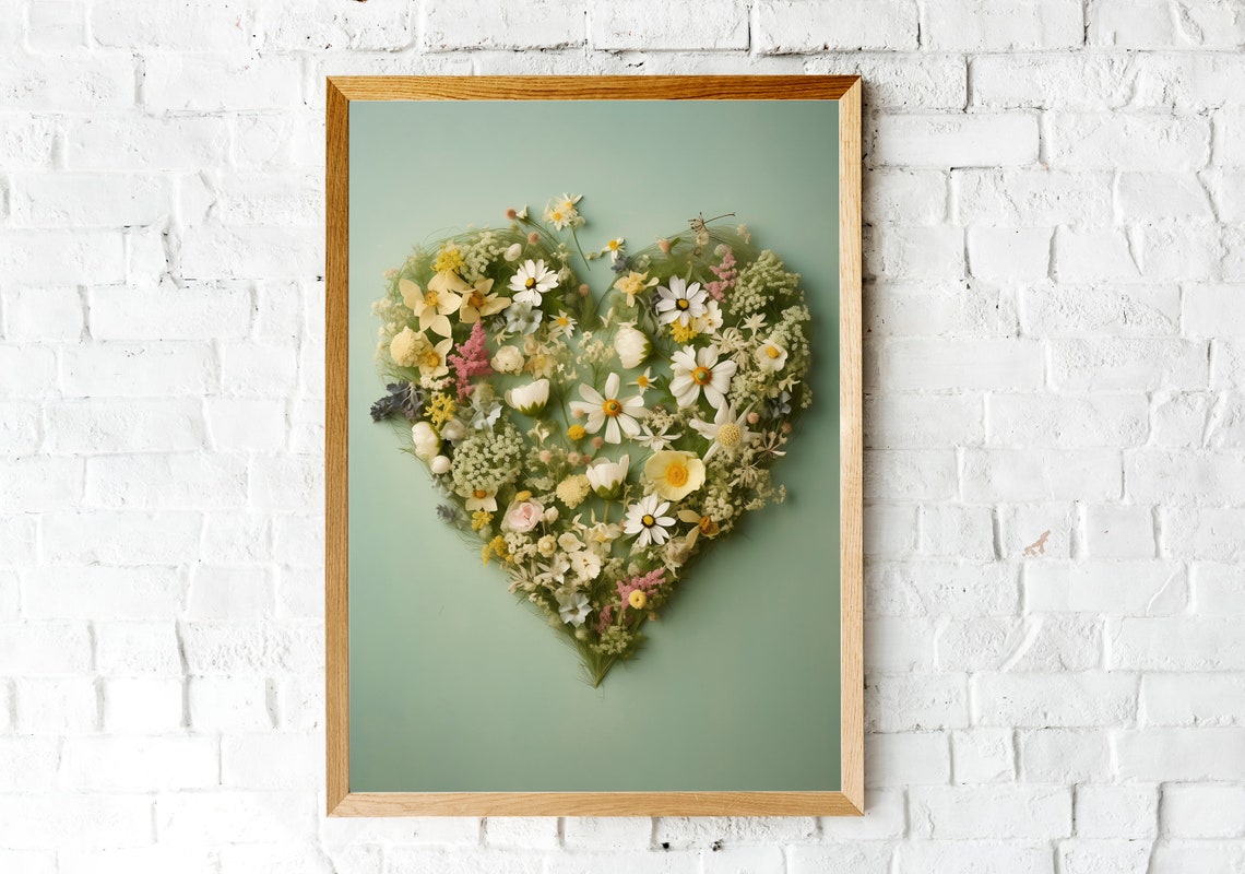 Wildflower Heart Bouquet on Sage Green Romantic Botanical Poster - Image 2