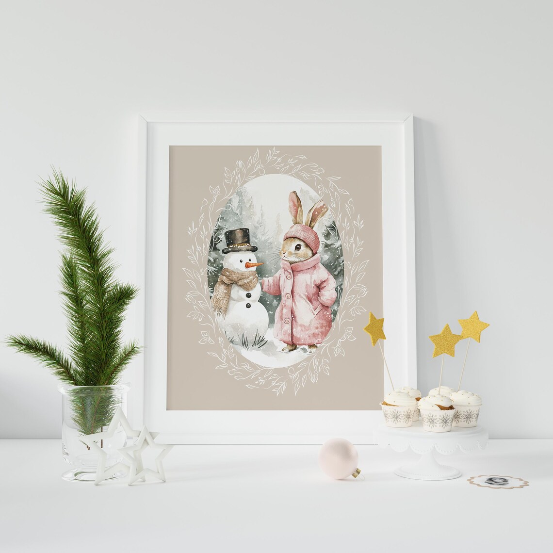 Bunny in Pink Coat Meeting a Snowman in Snowy Winter Woods Poster - Image 2